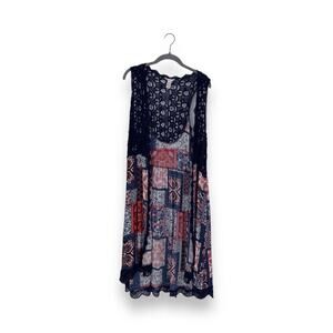 Cato Navy Blue Red Patriotic Crochet Paisley Patchwork Sleeveless Topper